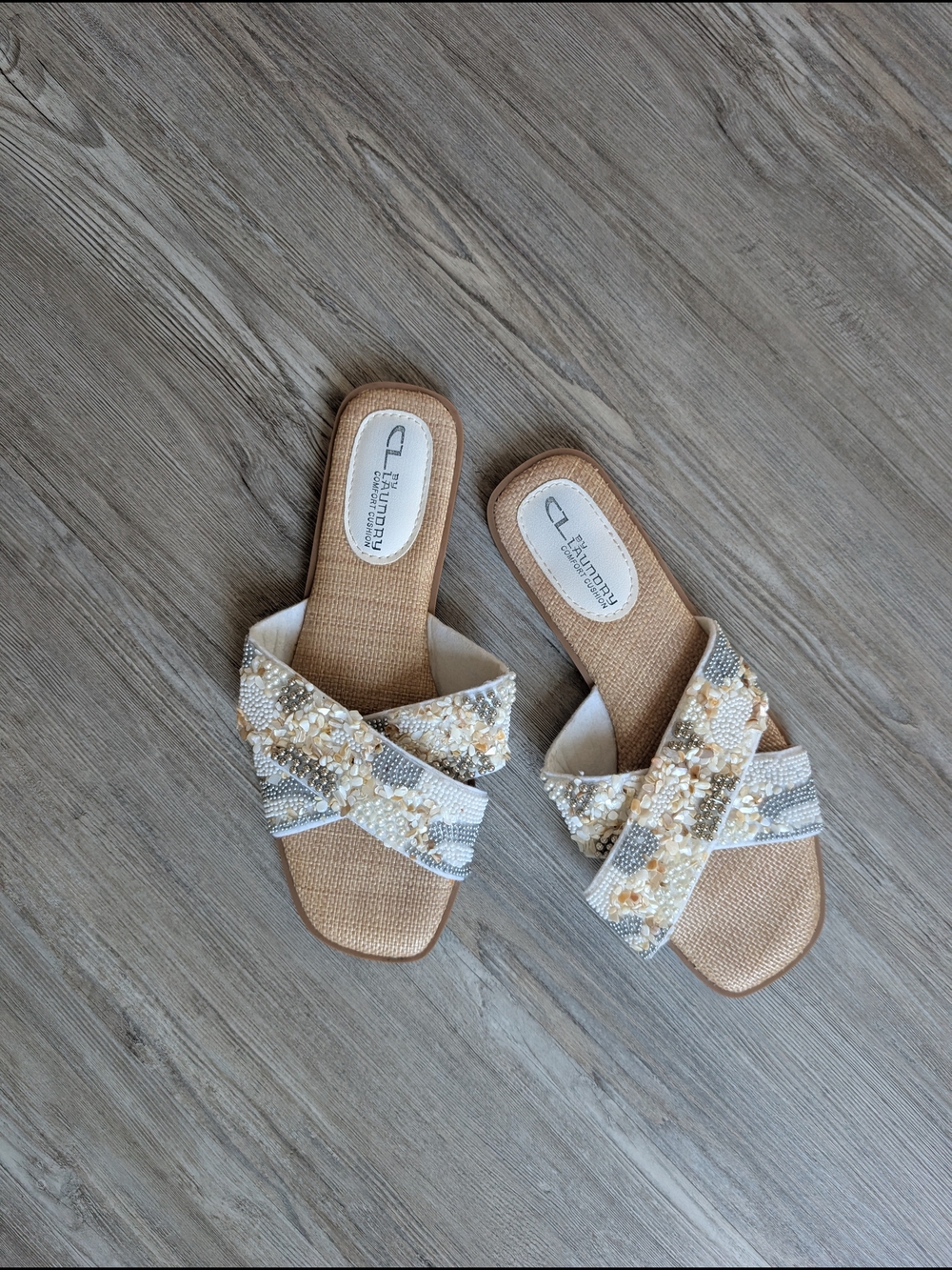 CL by Laundry Beaded Crisscross Sandals in Beige and Silver